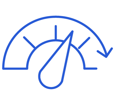 A blue line drawing of a speedometer.