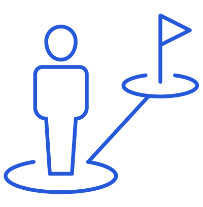 A blue line drawing of a person holding a golf club.